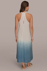 Donna Karan | LINEN-BLEND SLEEVELESS OMBRÉ TWIST-BACK MIDI HALTER DRESS