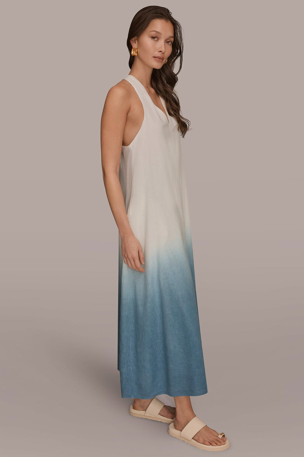 Donna Karan | LINEN-BLEND SLEEVELESS OMBRÉ TWIST-BACK MIDI HALTER DRESS