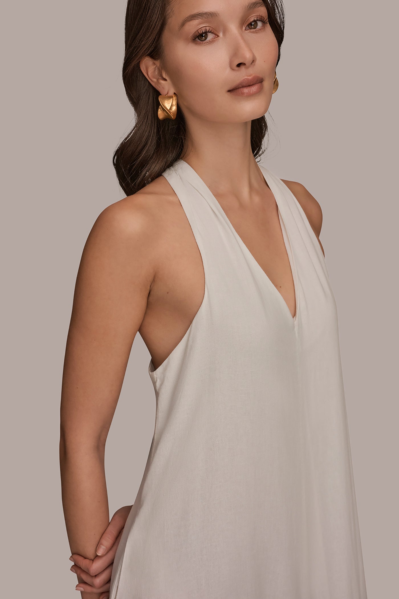 Donna Karan | LINEN-BLEND SLEEVELESS OMBRÉ TWIST-BACK MIDI HALTER DRESS
