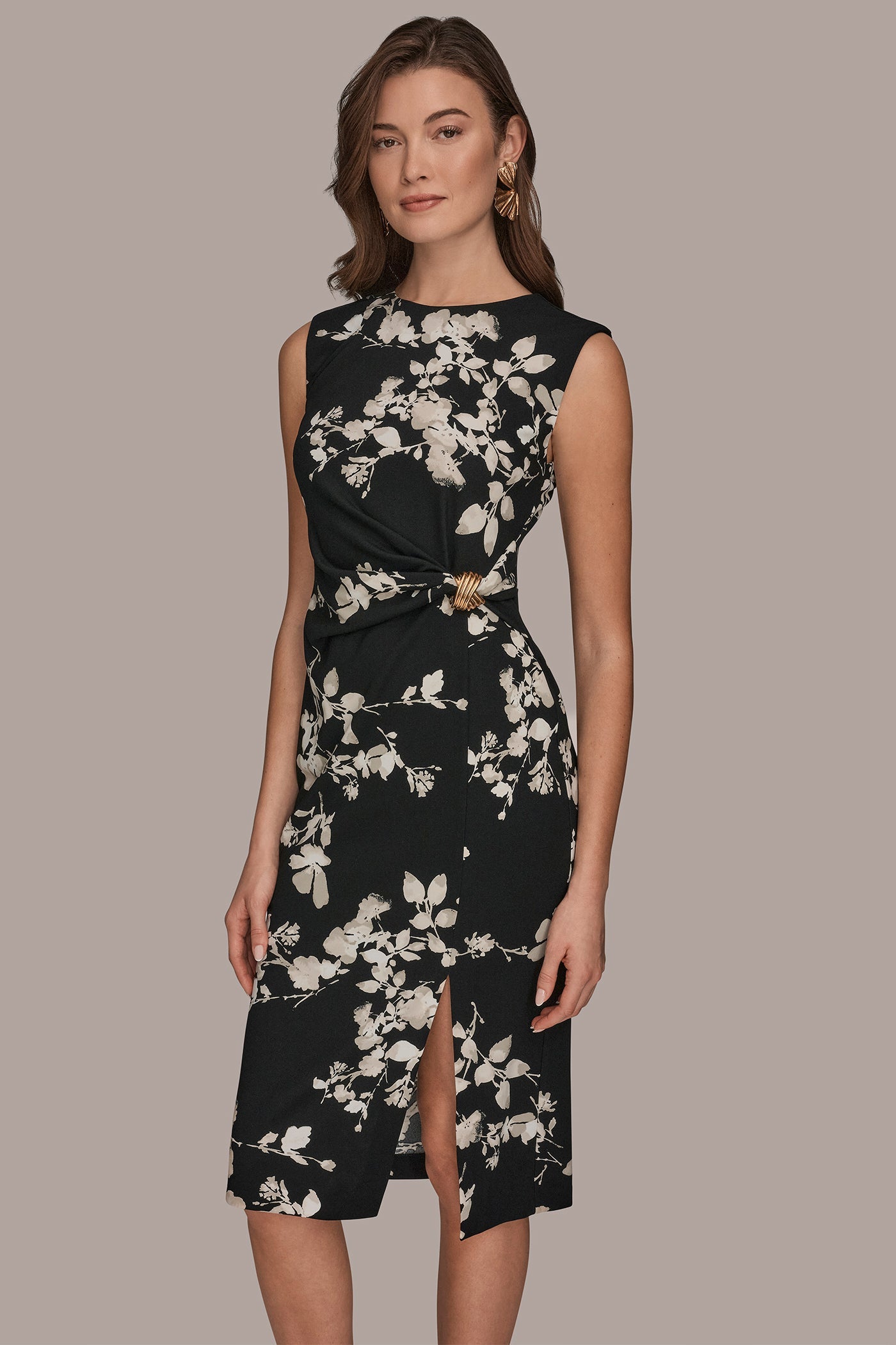 Donna Karan | FLORAL SLEEVELESS TWIST-WAIST SHEATH DRESS