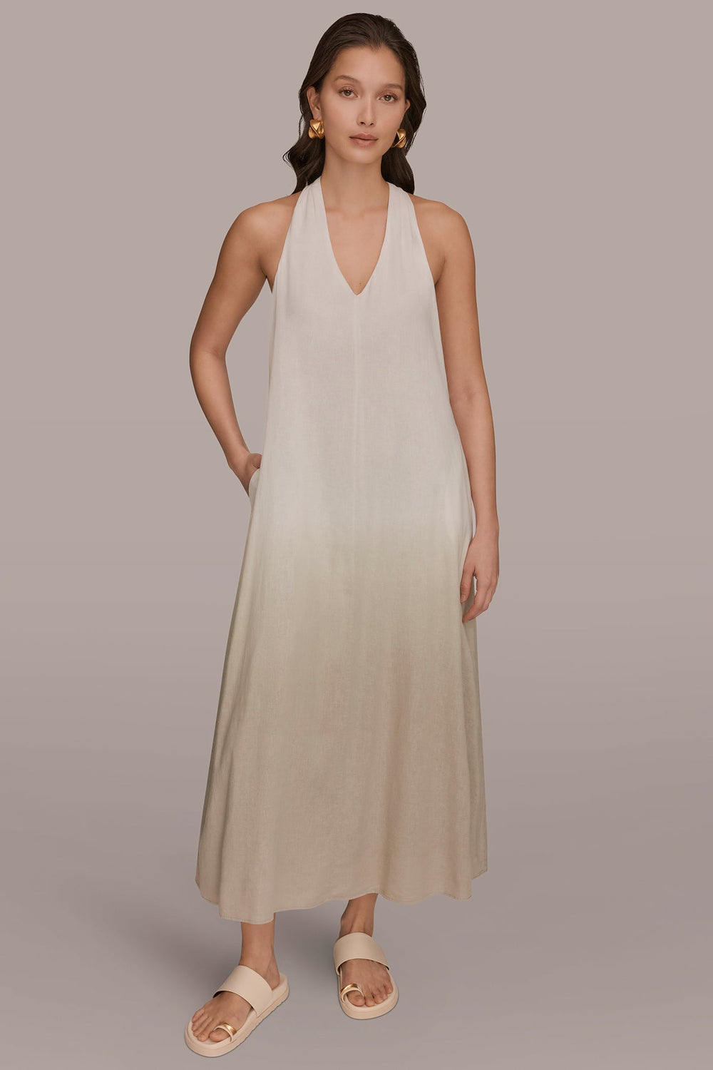 Donna Karan | LINEN-BLEND SLEEVELESS OMBRÉ TWIST-BACK MIDI HALTER DRESS