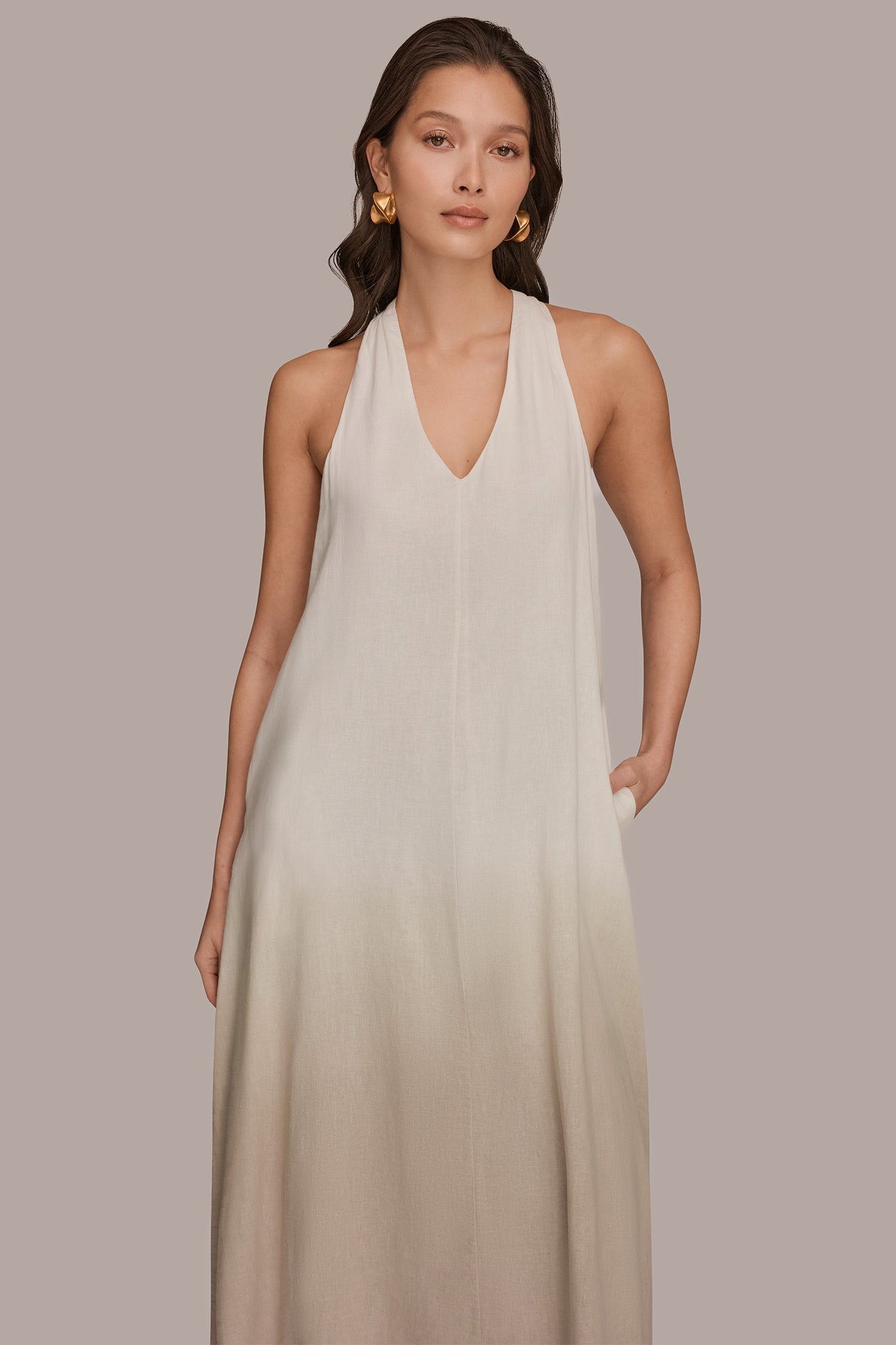 Donna Karan | LINEN-BLEND SLEEVELESS OMBRÉ TWIST-BACK MIDI HALTER DRESS
