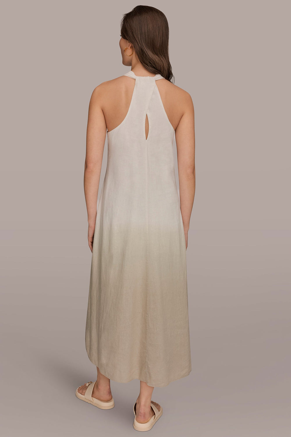 Donna Karan | LINEN-BLEND SLEEVELESS OMBRÉ TWIST-BACK MIDI HALTER DRESS