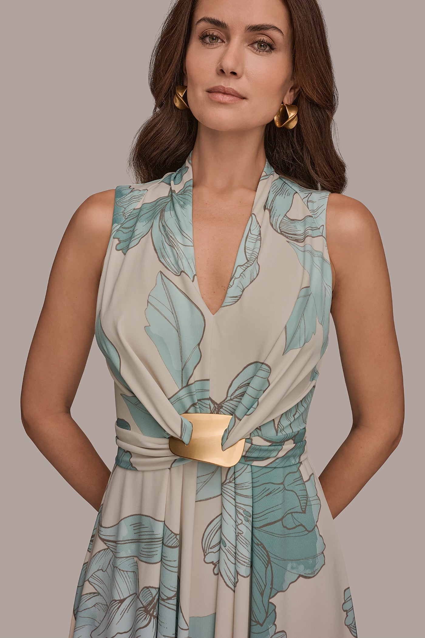 Donna Karan | SLEEVELESS FLORAL GATHERED MIDI A-LINE DRESS
