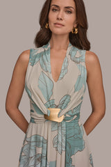 Donna Karan | SLEEVELESS FLORAL GATHERED MIDI A-LINE DRESS