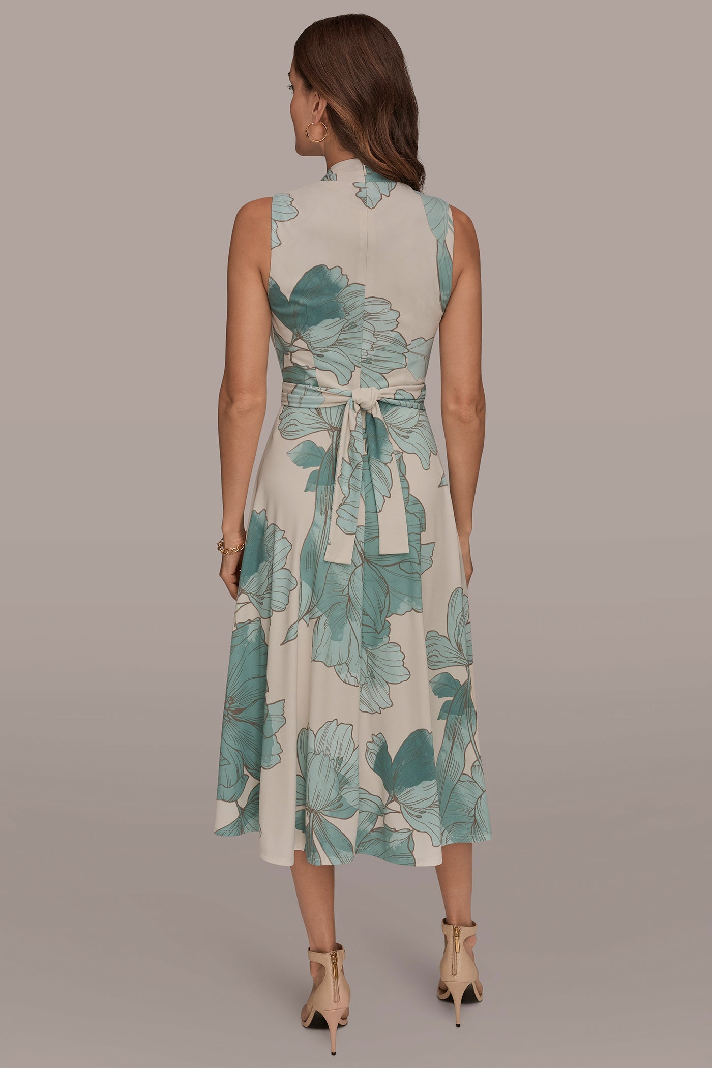 Donna Karan | SLEEVELESS FLORAL GATHERED MIDI A-LINE DRESS