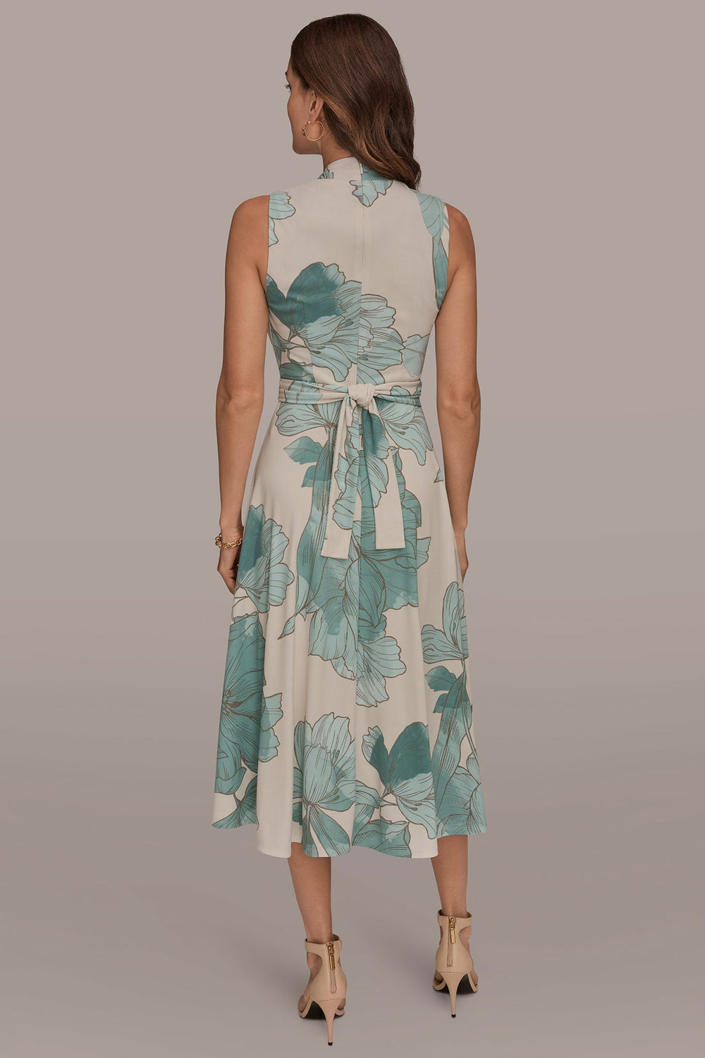 Donna Karan | SLEEVELESS FLORAL GATHERED MIDI A-LINE DRESS