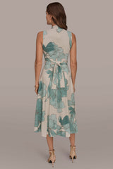 Donna Karan | SLEEVELESS FLORAL GATHERED MIDI A-LINE DRESS