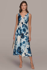 Donna Karan | SATIN SLEEVELESS FLORAL MIDI A-LINE DRESS