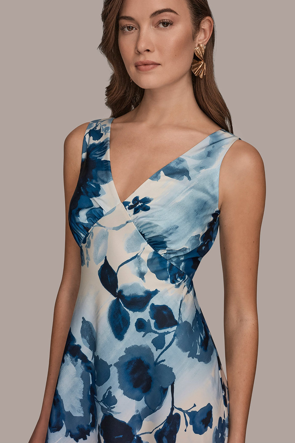 Donna Karan | SATIN SLEEVELESS FLORAL MIDI A-LINE DRESS