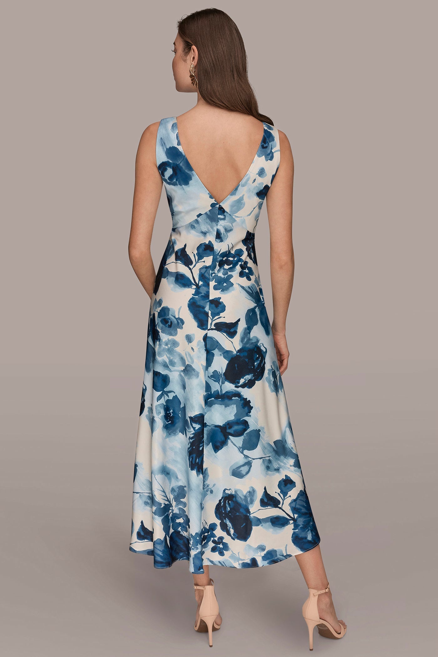 Donna Karan | SATIN SLEEVELESS FLORAL MIDI A-LINE DRESS