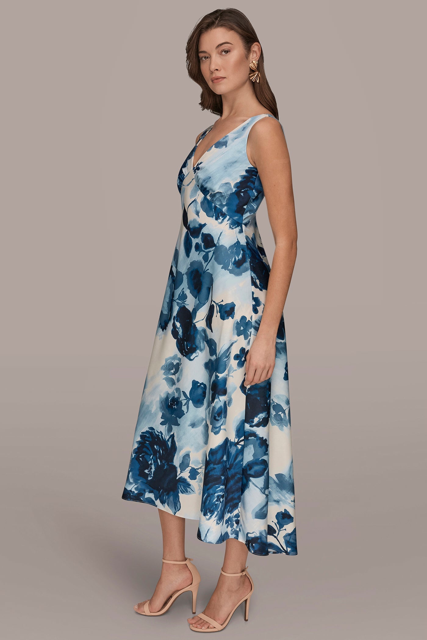 Donna Karan | SATIN SLEEVELESS FLORAL MIDI A-LINE DRESS