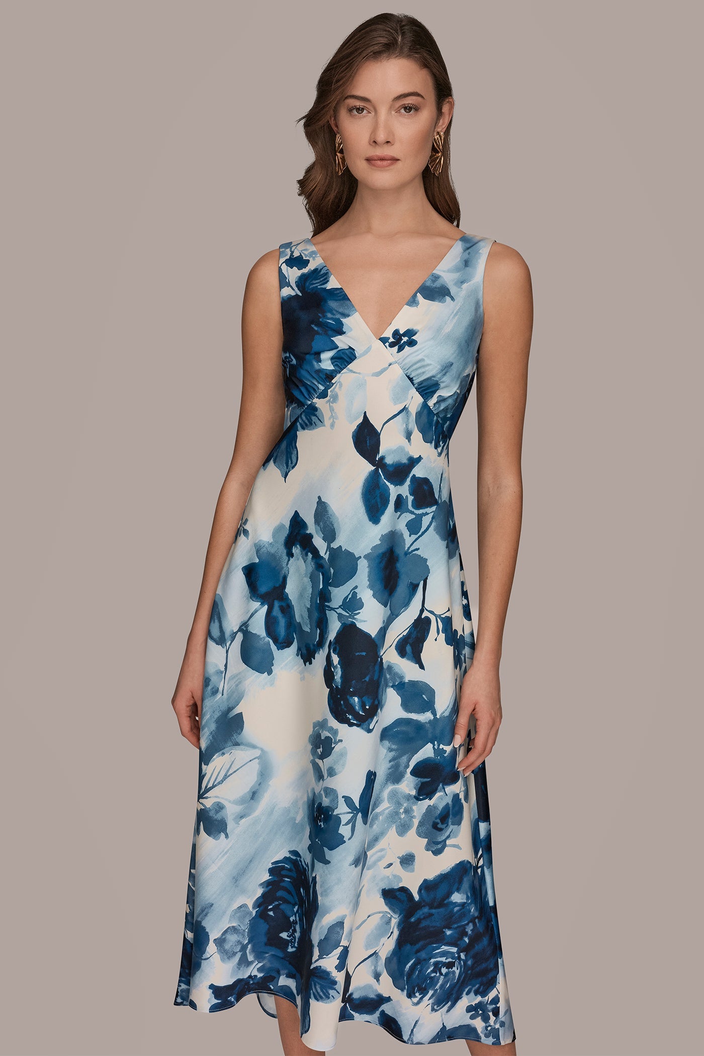 Donna Karan | SATIN SLEEVELESS FLORAL MIDI A-LINE DRESS