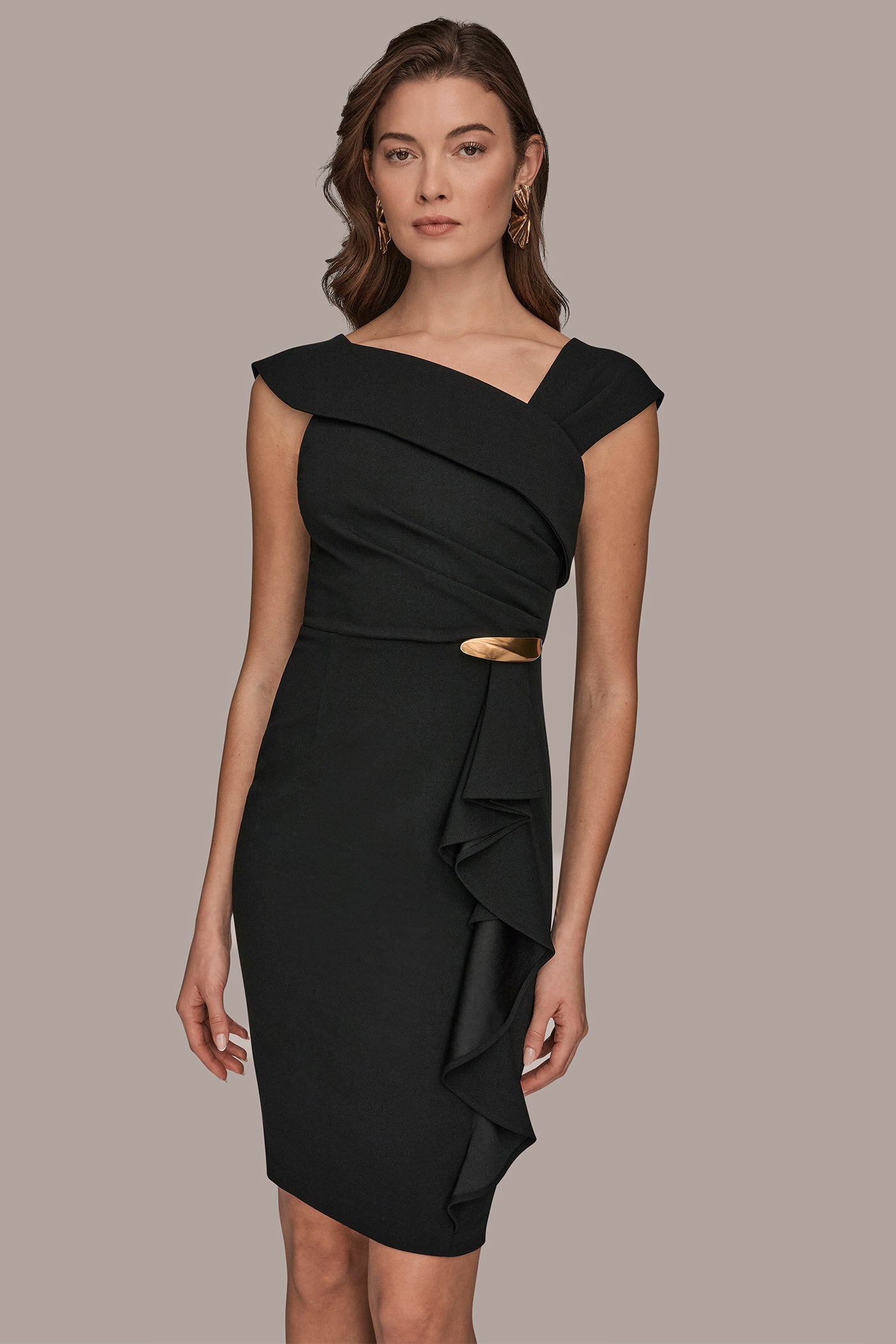 Donna Karan | SHORT SLEEVE ASYMMETRIC RUFFLE SHEATH DRESS