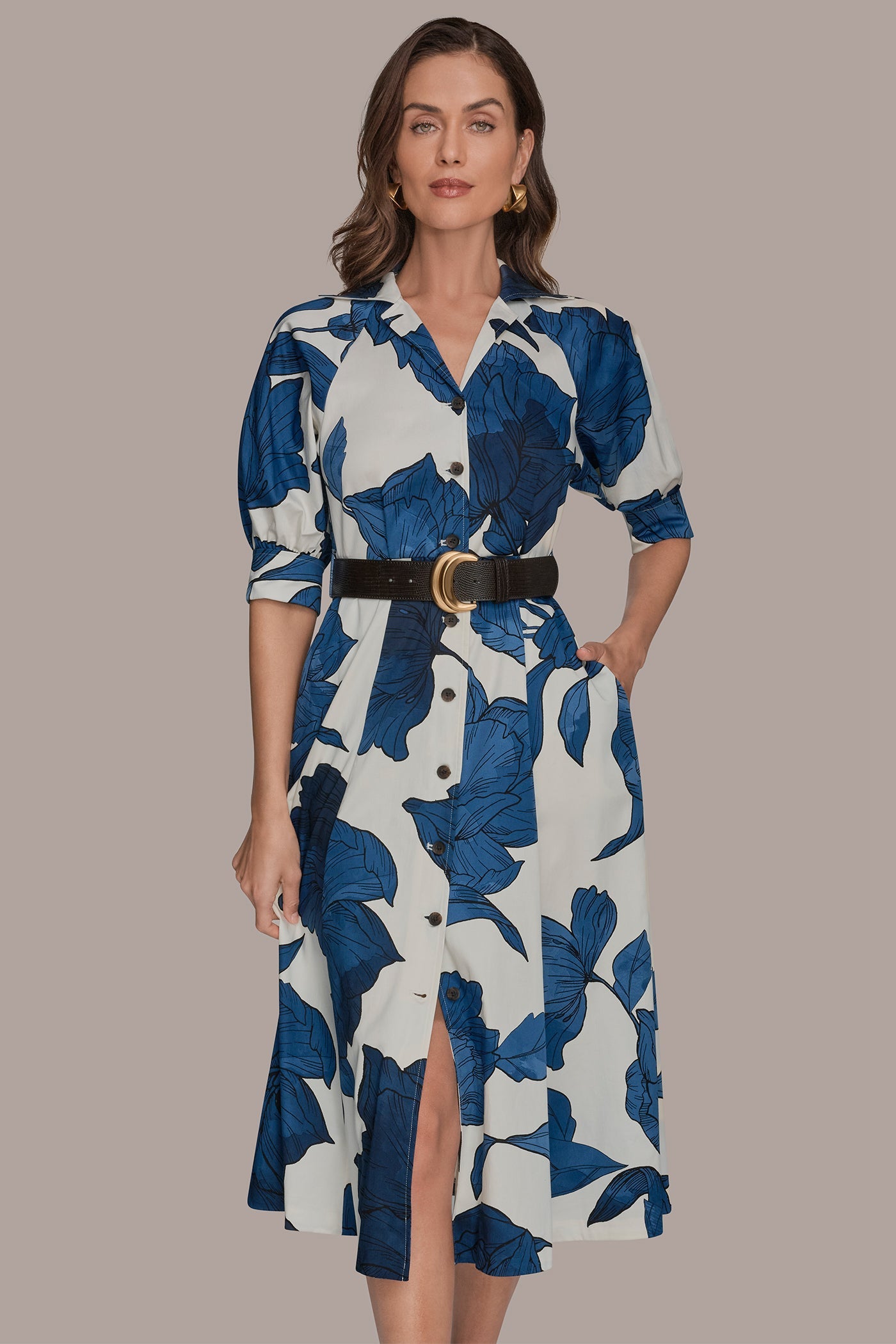 Donna Karan | COTTON-SATEEN FLORAL MIDI SHIRT DRESS