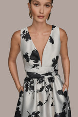 Donna Karan | MIKADO SLEEVELESS V-NECK FLORAL GOWN