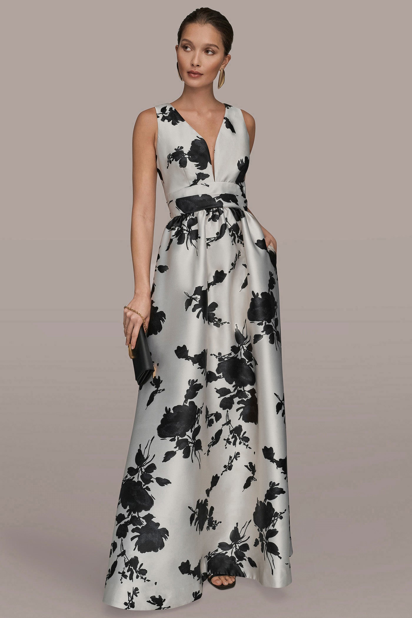 Donna Karan | MIKADO SLEEVELESS V-NECK FLORAL GOWN