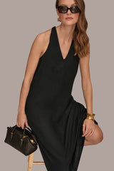 Donna Karan | LINEN-BLEND SLEEVELESS TWIST-BACK MIDI HALTER DRESS