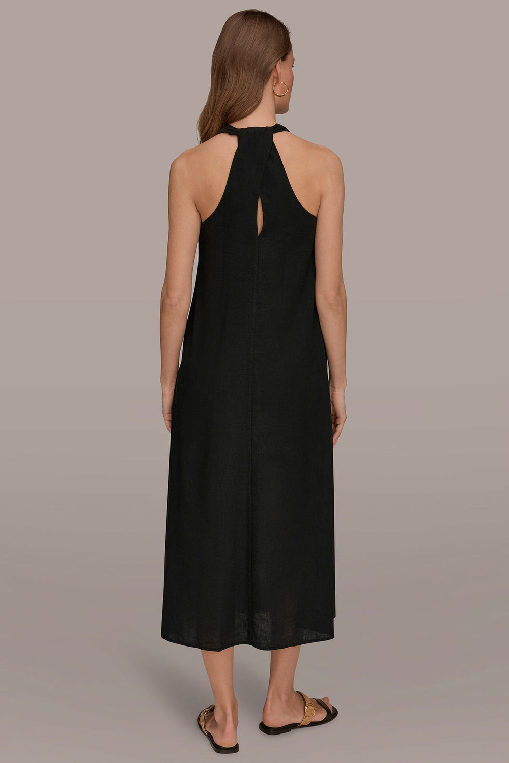 Donna Karan | LINEN-BLEND SLEEVELESS TWIST-BACK MIDI HALTER DRESS
