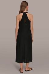 Donna Karan | LINEN-BLEND SLEEVELESS TWIST-BACK MIDI HALTER DRESS
