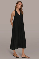 Donna Karan | LINEN-BLEND SLEEVELESS TWIST-BACK MIDI HALTER DRESS