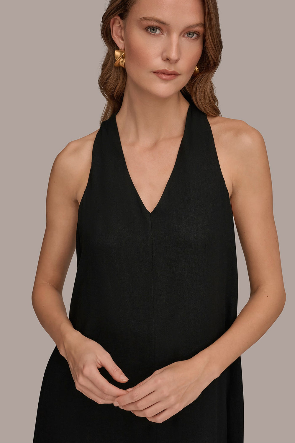 Donna Karan | LINEN-BLEND SLEEVELESS TWIST-BACK MIDI HALTER DRESS