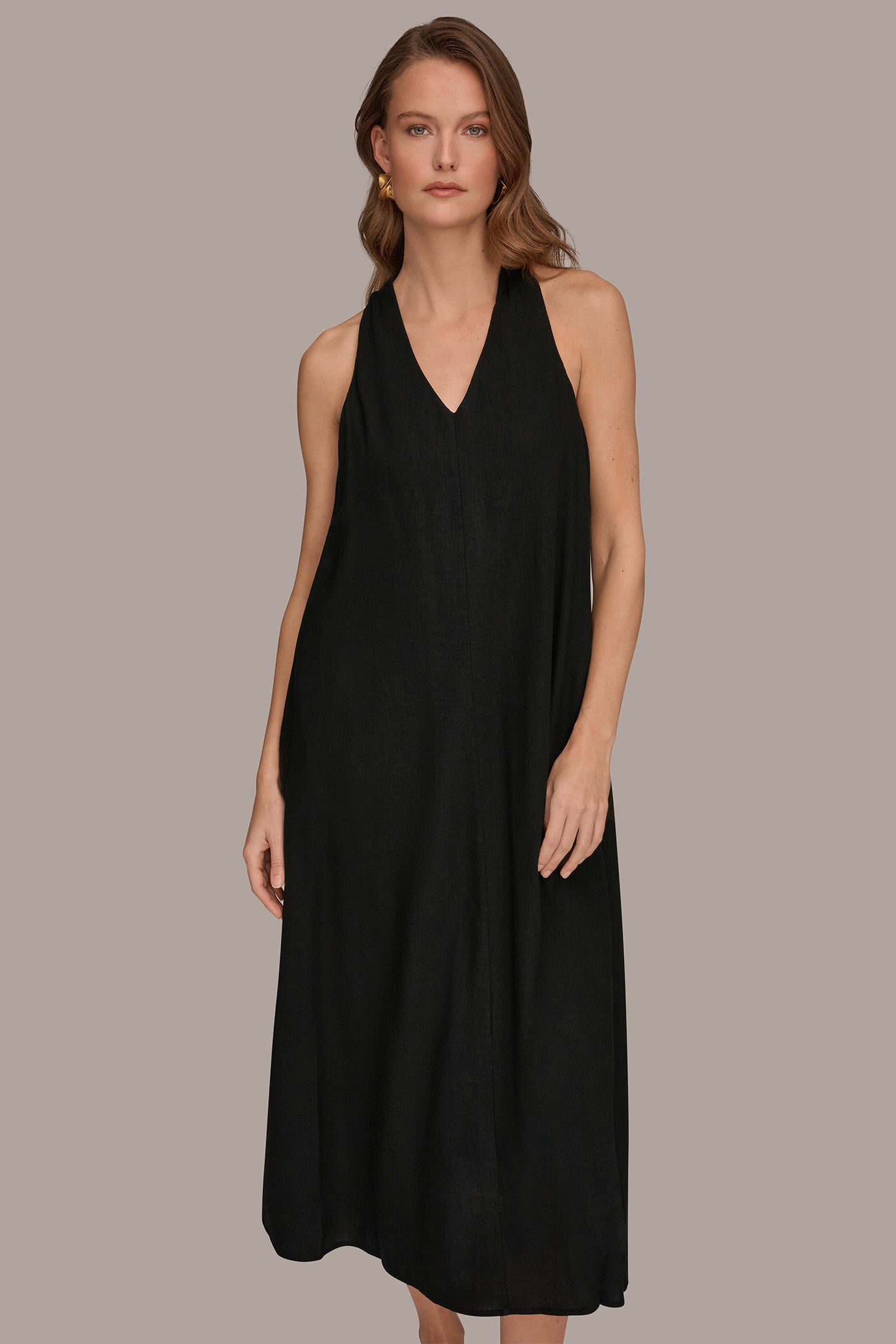 Donna Karan | LINEN-BLEND SLEEVELESS TWIST-BACK MIDI HALTER DRESS