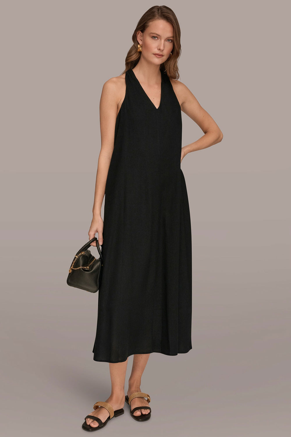 Donna Karan | LINEN-BLEND SLEEVELESS TWIST-BACK MIDI HALTER DRESS