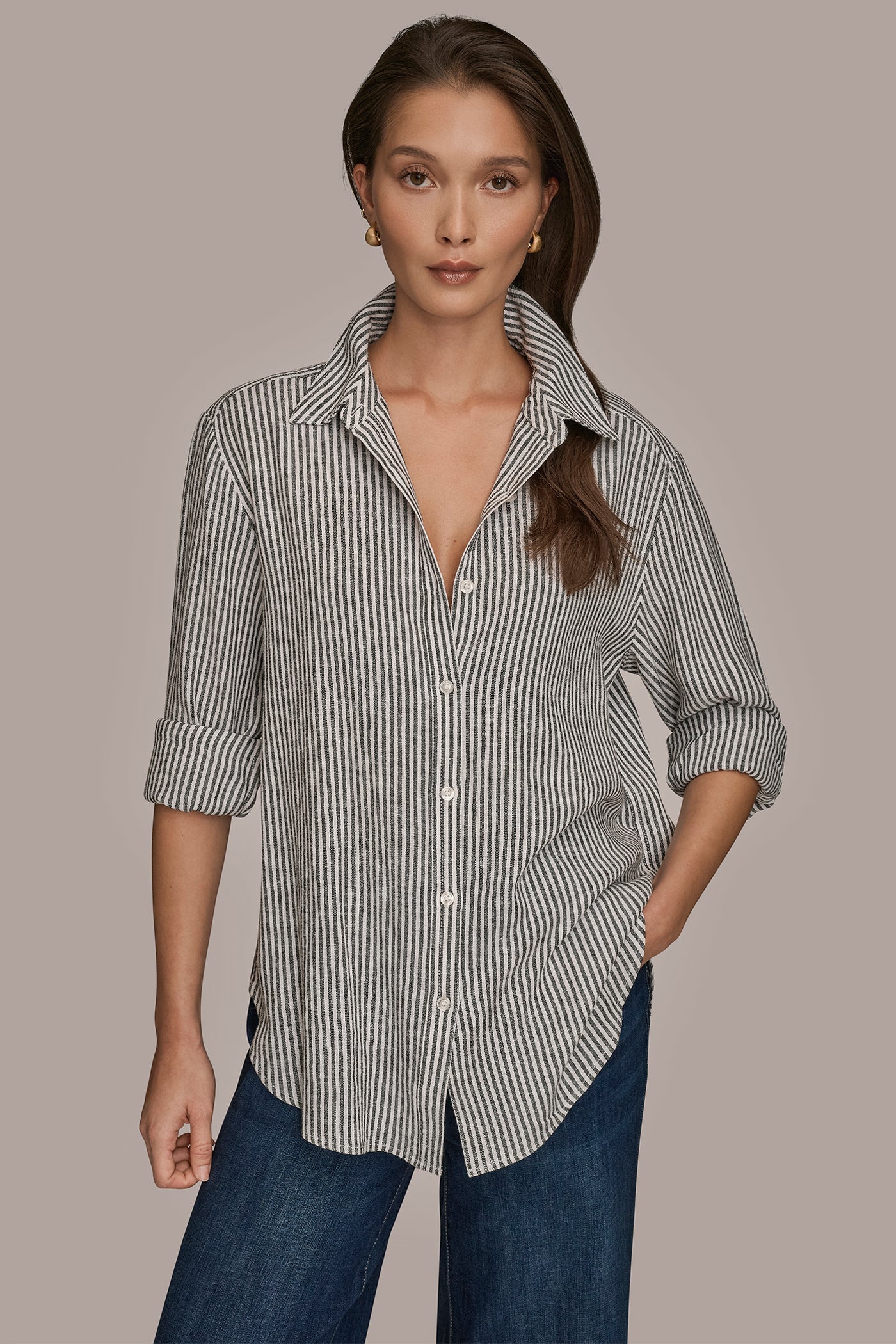 Donna Karan | LINEN-BLEND STRIPED SHIRT