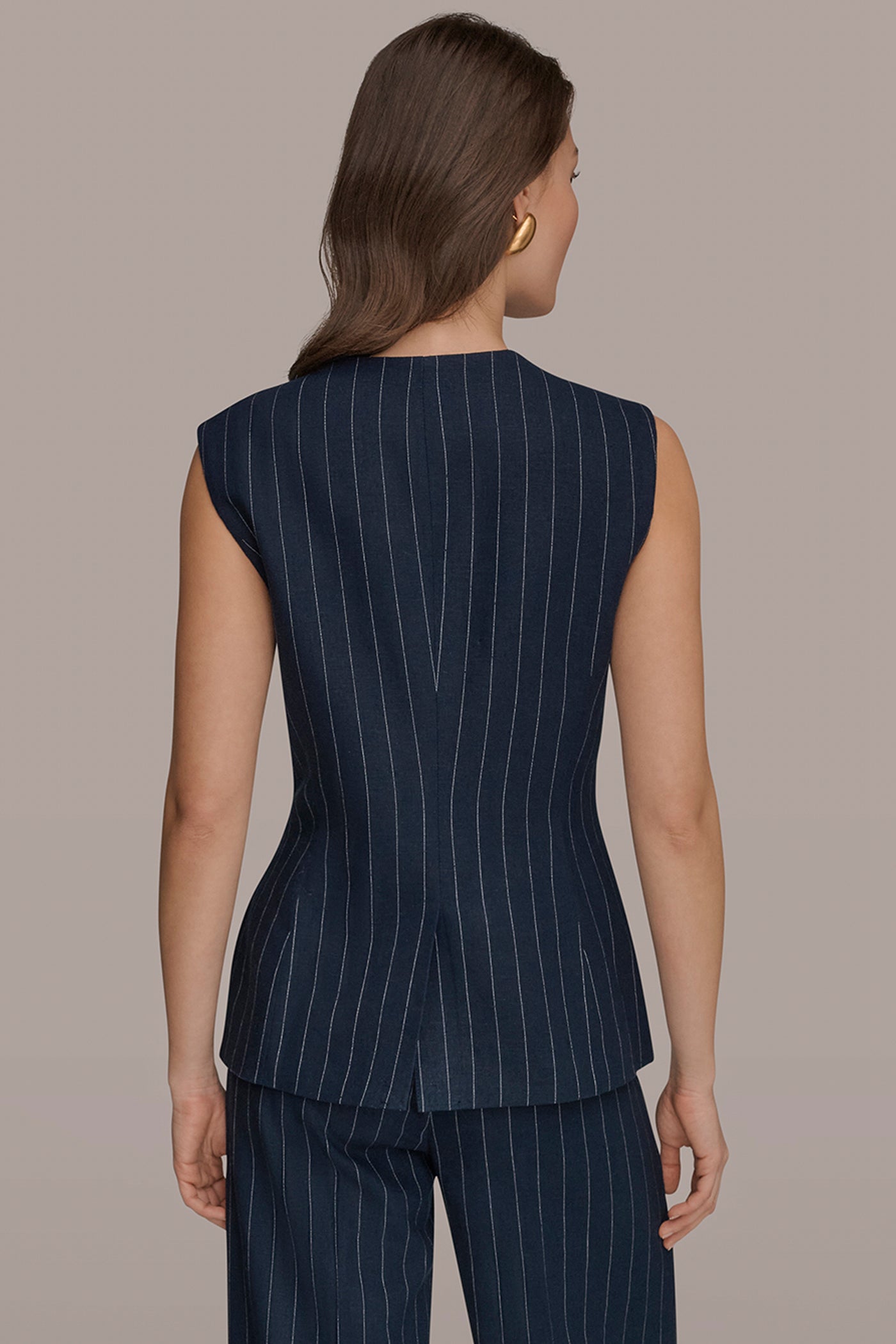 Donna Karan | LINEN-BLEND PINSTRIPE LONGLINE VEST