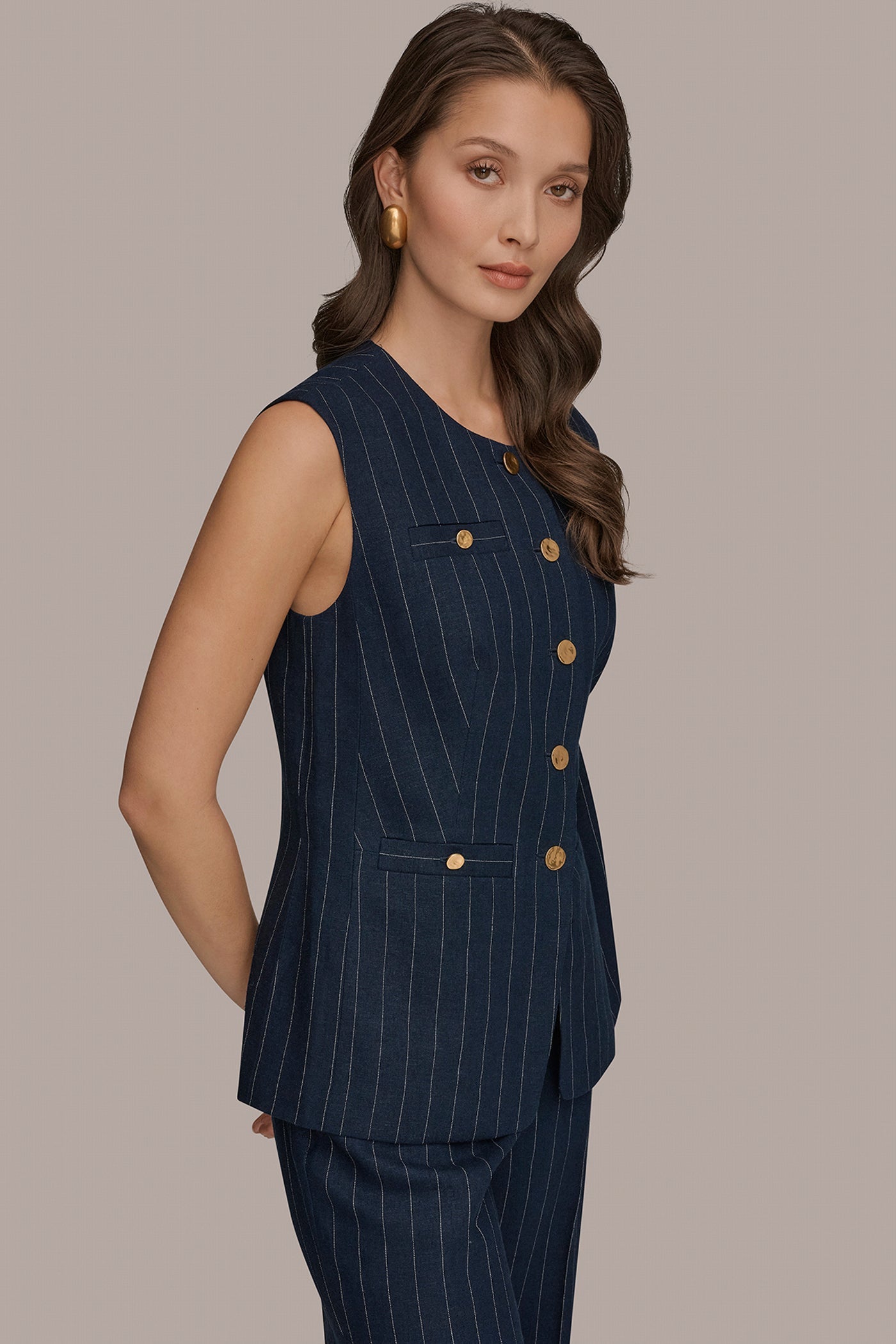 Donna Karan | LINEN-BLEND PINSTRIPE LONGLINE VEST