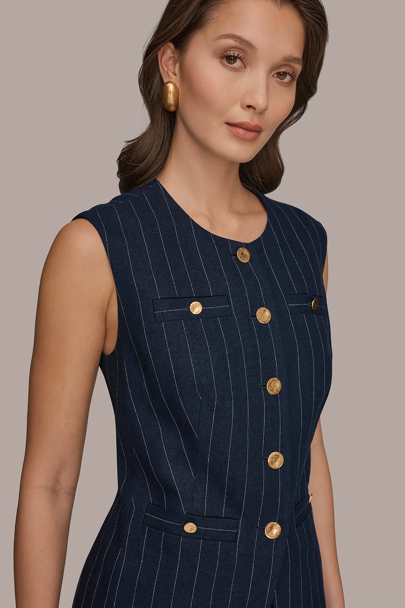 Donna Karan | LINEN-BLEND PINSTRIPE LONGLINE VEST