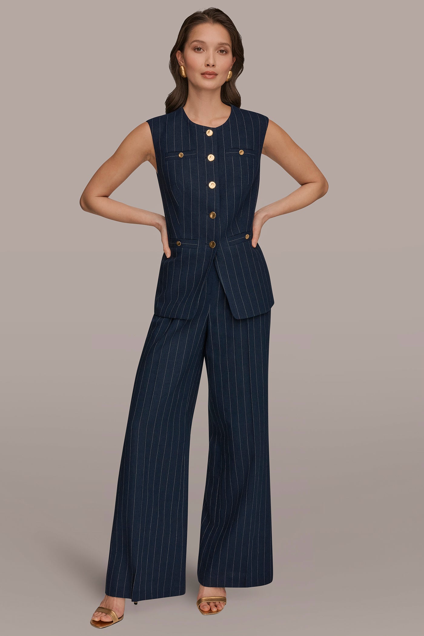 Donna Karan | LINEN-BLEND PINSTRIPE LONGLINE VEST