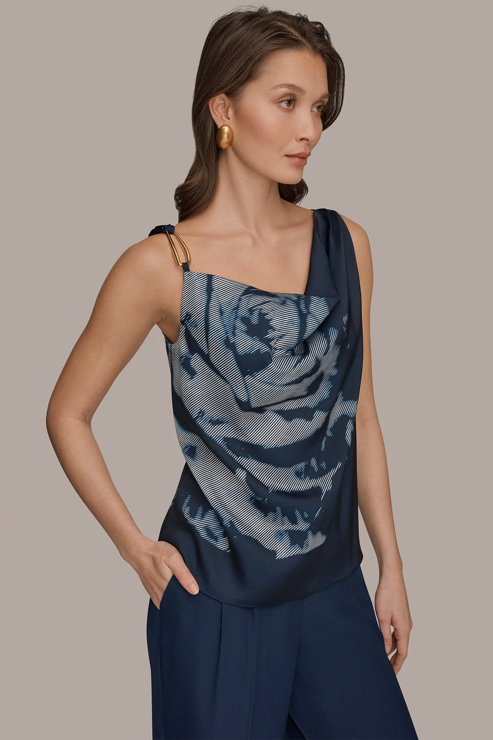 Donna Karan | FLORAL COWL-NECK CUTOUT SHOULDER CAMI
