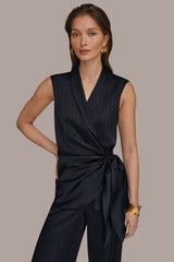 Donna Karan | PINSTRIPE FAUX WRAP TOP