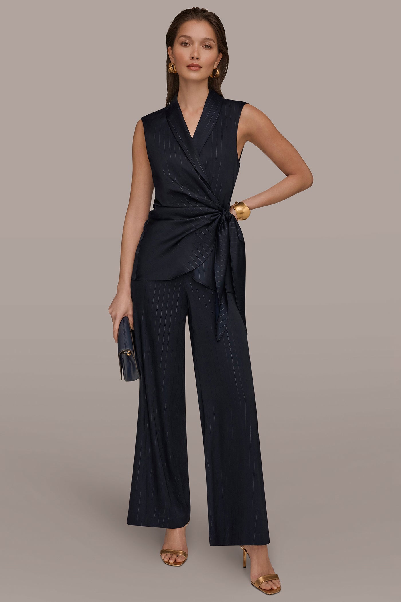 Donna Karan | PINSTRIPE FAUX WRAP TOP