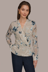 Donna Karan | LONG SLEEVE BURNOUT FOIL WRAP BLOUSE