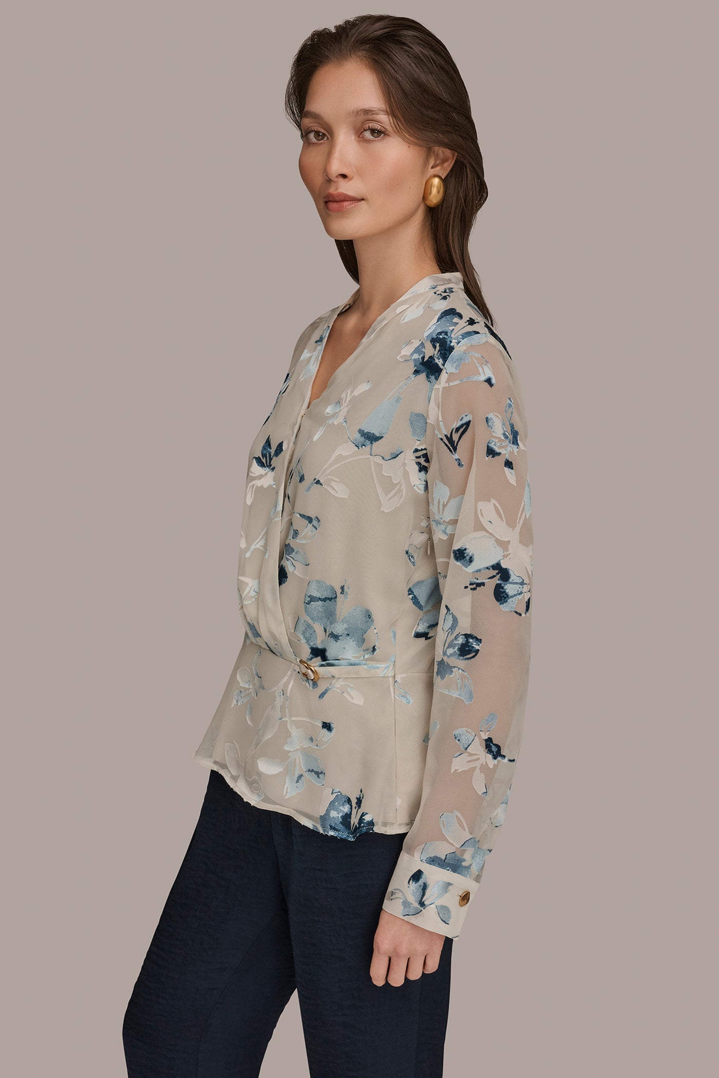 Donna Karan | LONG SLEEVE BURNOUT FOIL WRAP BLOUSE