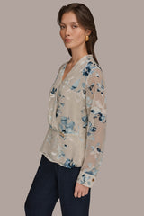 Donna Karan | LONG SLEEVE BURNOUT FOIL WRAP BLOUSE