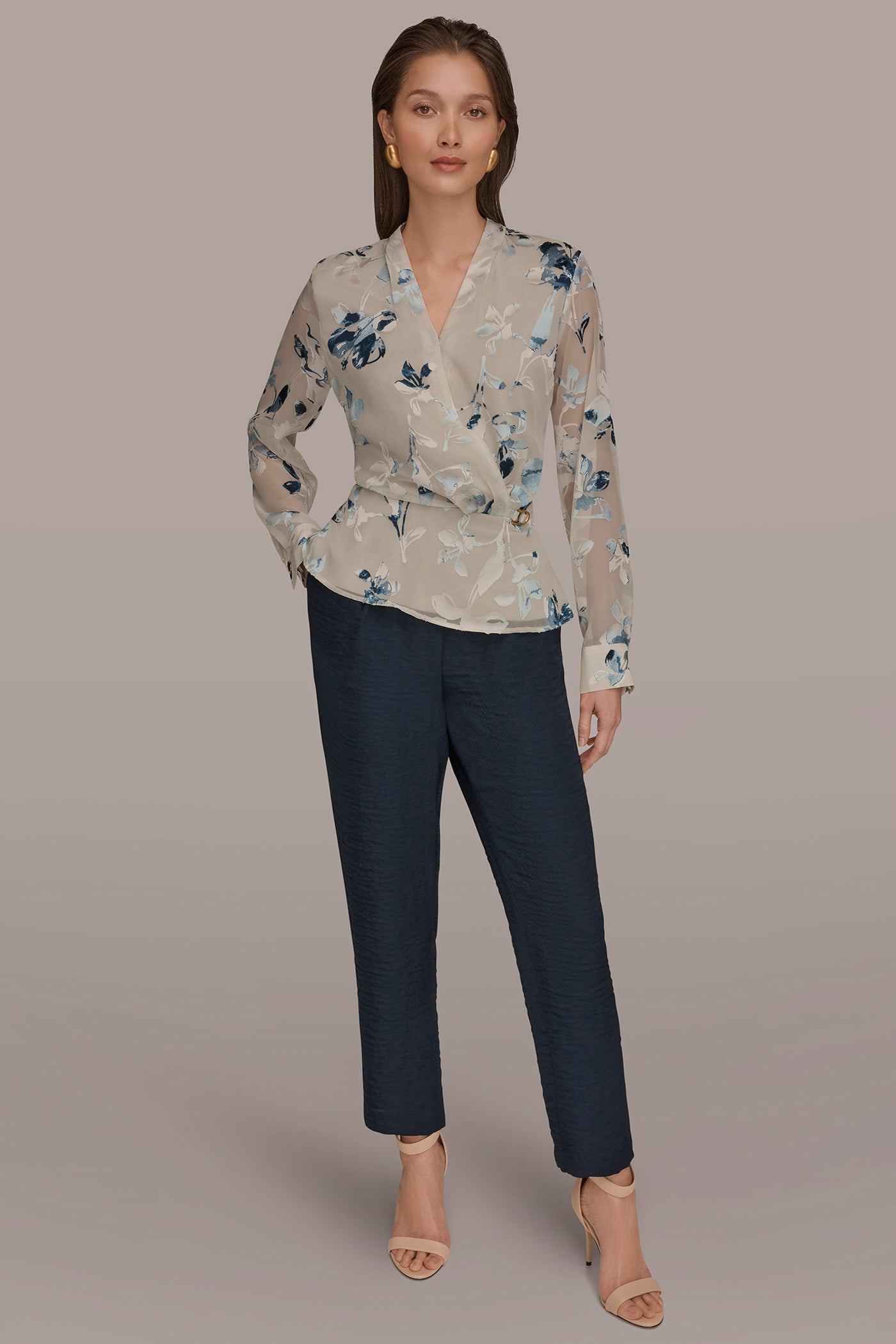 Donna Karan | LONG SLEEVE BURNOUT FOIL WRAP BLOUSE