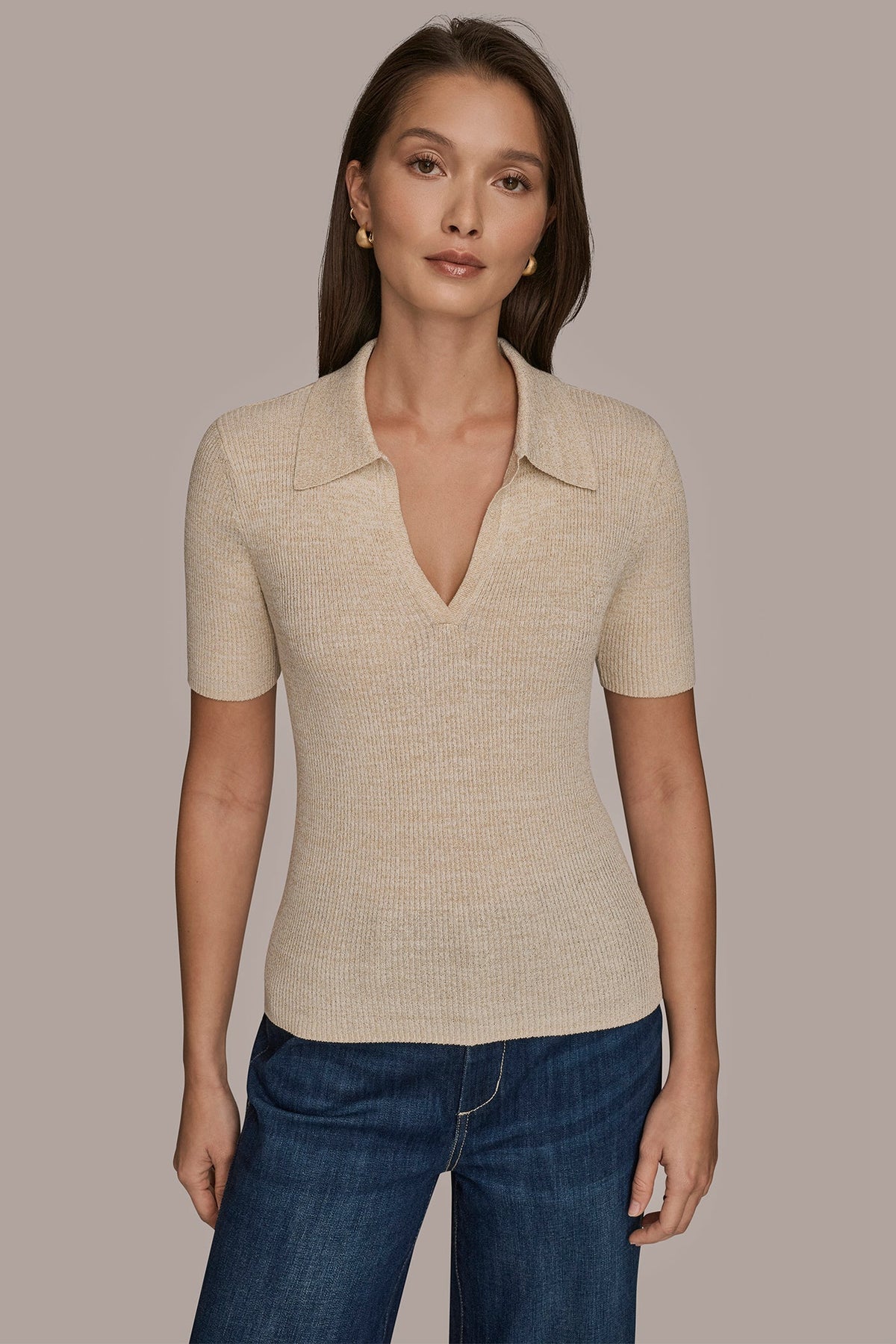Donna Karan | ELBOW-SLEEVE METALLIC RIBBED POLO SWEATER