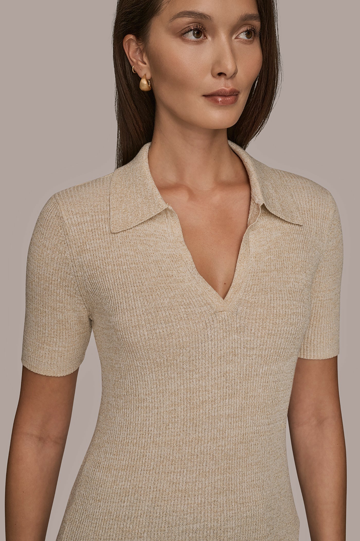 Donna Karan | ELBOW-SLEEVE METALLIC RIBBED POLO SWEATER