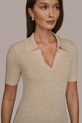 Donna Karan | ELBOW-SLEEVE METALLIC RIBBED POLO SWEATER