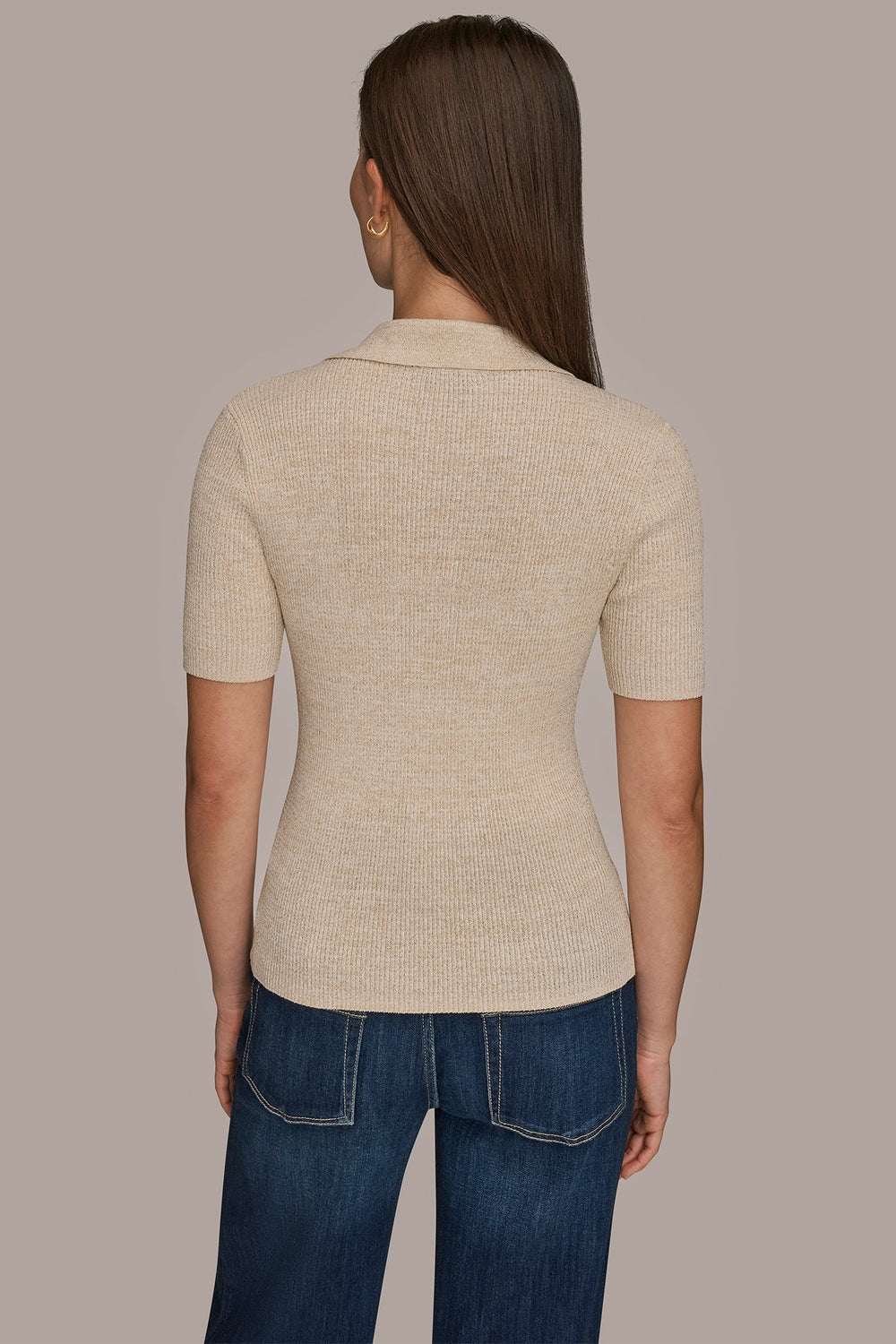 Donna Karan | ELBOW-SLEEVE METALLIC RIBBED POLO SWEATER