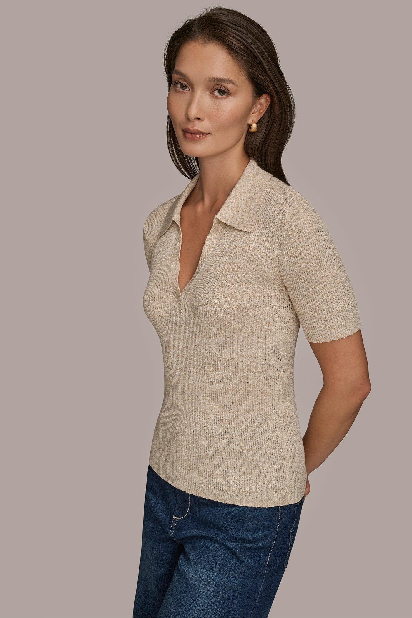 Donna Karan | ELBOW-SLEEVE METALLIC RIBBED POLO SWEATER