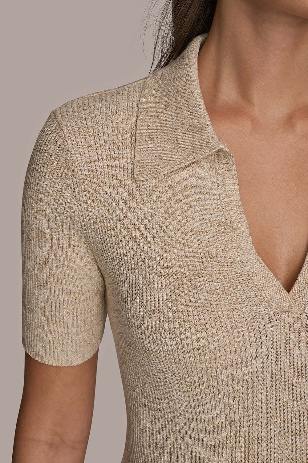 Donna Karan | ELBOW-SLEEVE METALLIC RIBBED POLO SWEATER