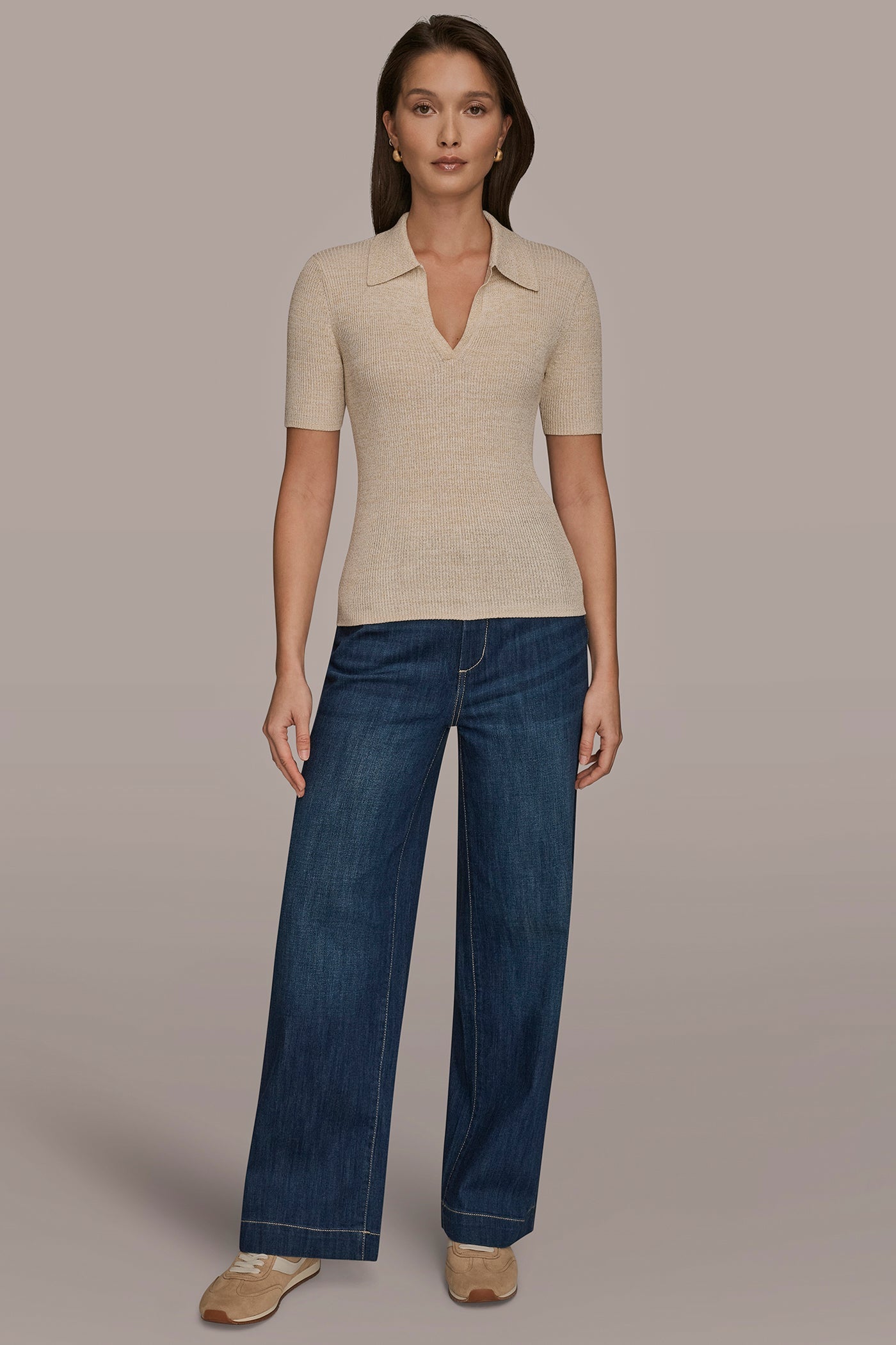 Donna Karan | ELBOW-SLEEVE METALLIC RIBBED POLO SWEATER