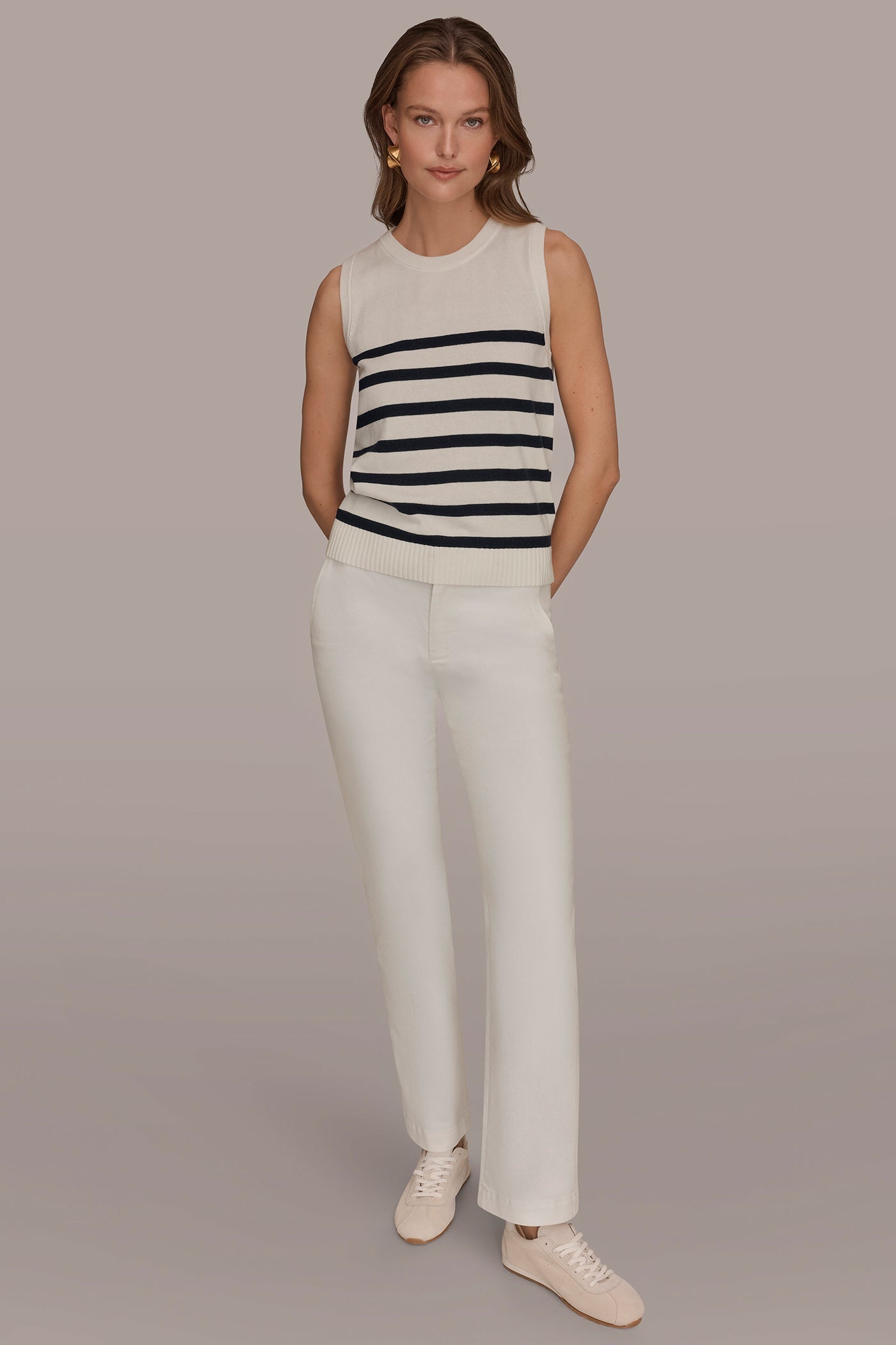 Donna Karan | COTTON AND CASHMERE SLEEVELESS STRIPED SWEATER
