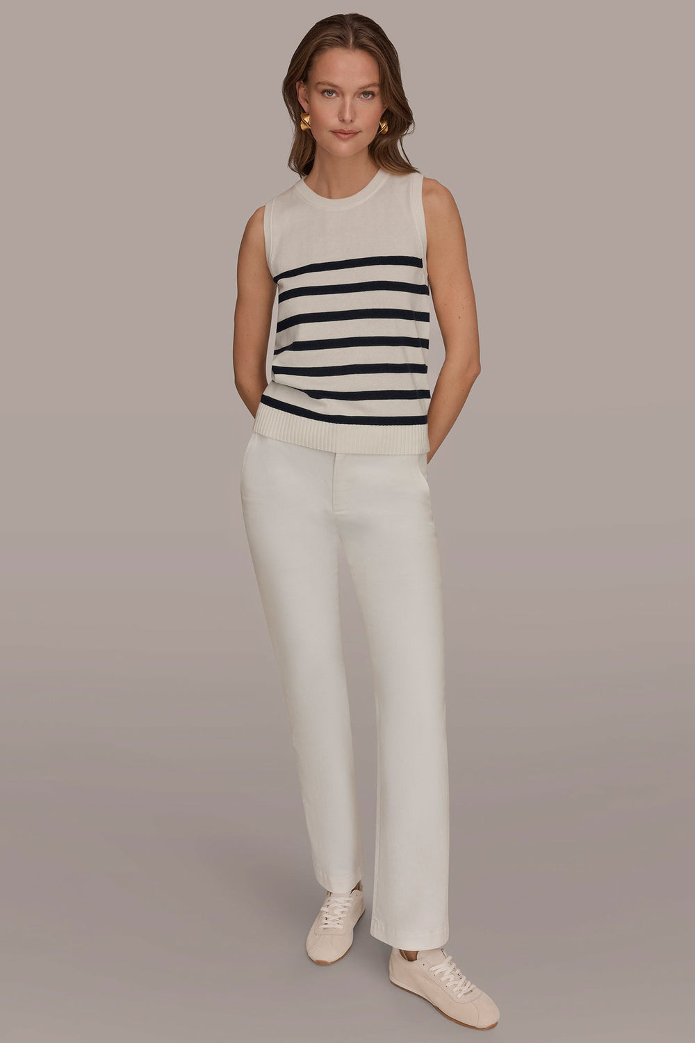 Donna Karan | COTTON AND CASHMERE SLEEVELESS STRIPED SWEATER