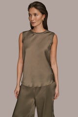 Donna Karan | SATIN FRINGE-TRIMMED SLEEVELESS BLOUSE